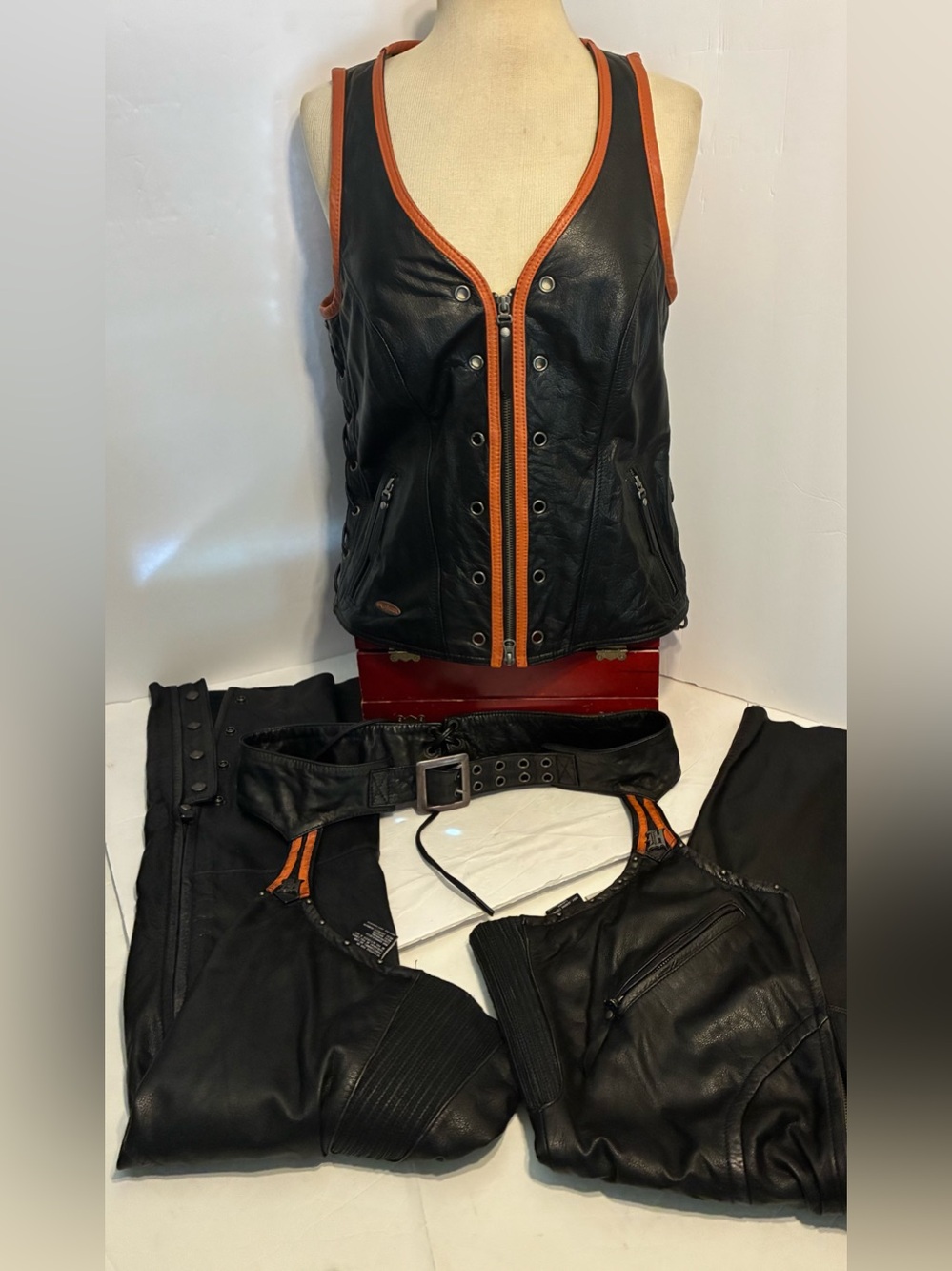Harley-Davidson Black Leather Large Vest And Matching Medium Chaps